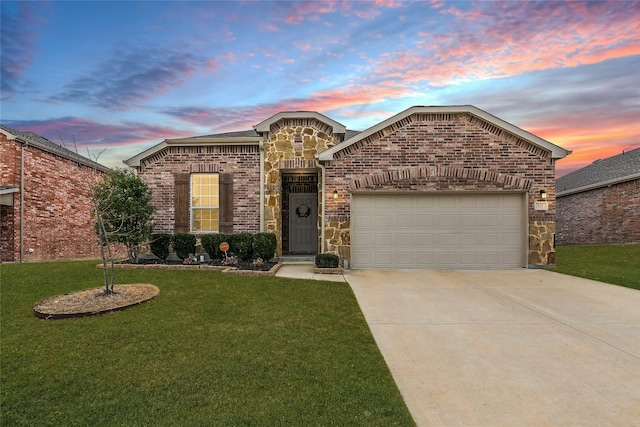 view of front of property with an attached garage, brick siding, stone siding, concrete driveway, and a front lawn