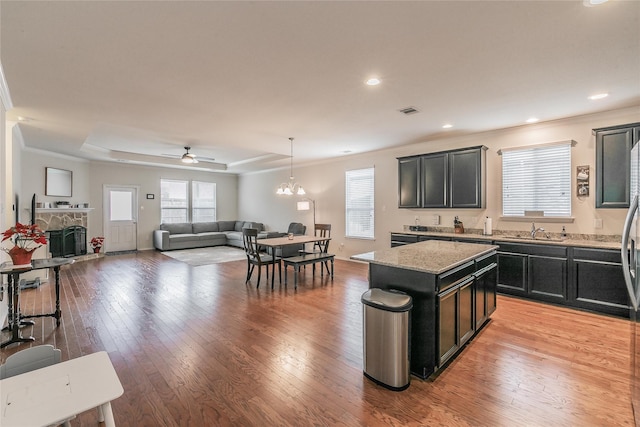 537 Running Water Trl, Fort Worth, TX 76131 - kitchen with ornamental molding, healthy amount of natural light, a kitchen island, light wood-style floors, and a ceiling fan