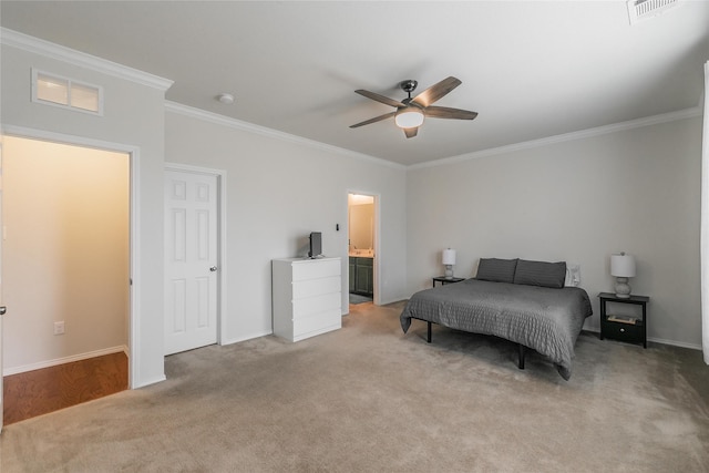 537 Running Water Trl, Fort Worth, TX 76131 - bedroom with crown molding, light colored carpet, ceiling fan, and ensuite bathroom