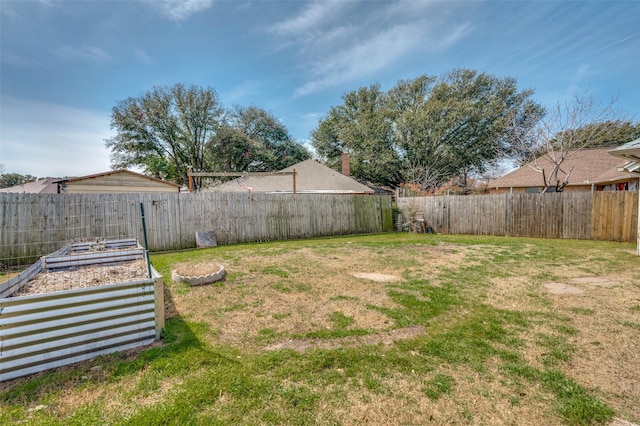 view of yard with a fenced backyard and a vegetable garden