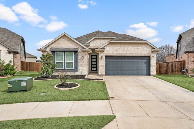 view of front of house featuring a garage, fence, a front lawn, and concrete driveway