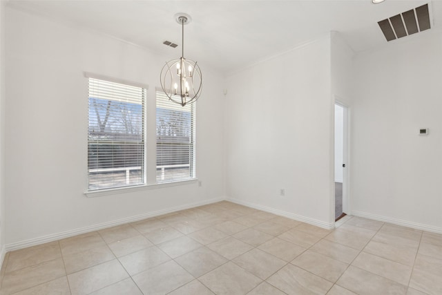 spare room with light tile patterned floors, visible vents, baseboards, and an inviting chandelier