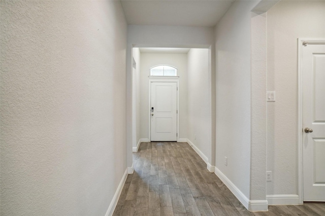 doorway with baseboards and wood finished floors