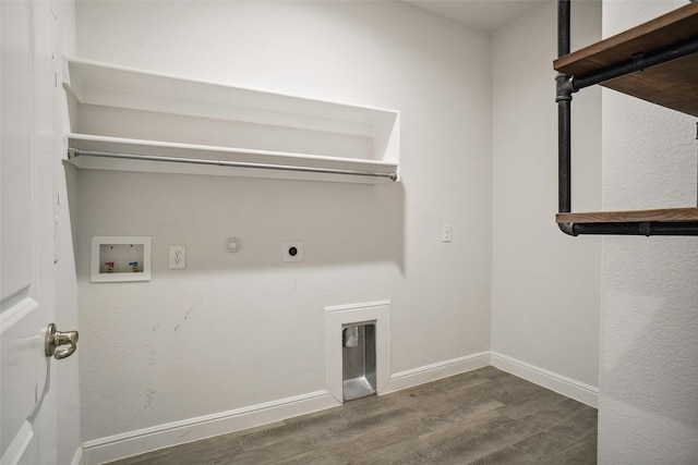 washroom featuring laundry area, baseboards, wood finished floors, washer hookup, and electric dryer hookup