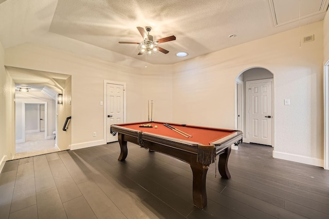 game room featuring a textured ceiling, pool table, baseboards, dark wood finished floors, and attic access