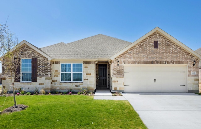 ranch-style house featuring a front lawn, an attached garage, driveway, and roof with shingles