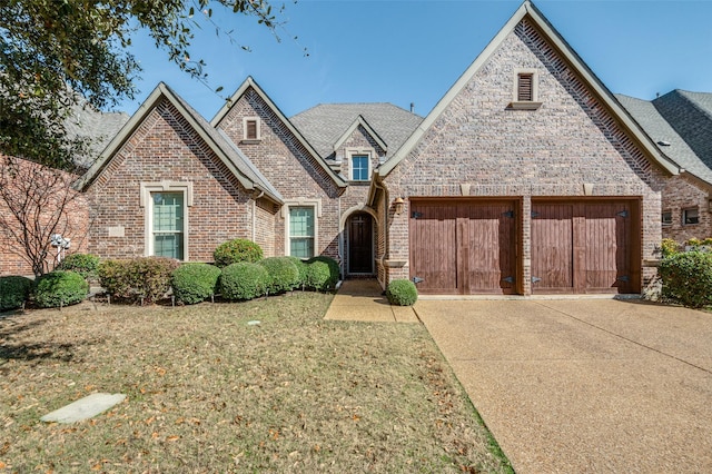 view of front of house featuring an attached garage, driveway, a front yard, and brick siding