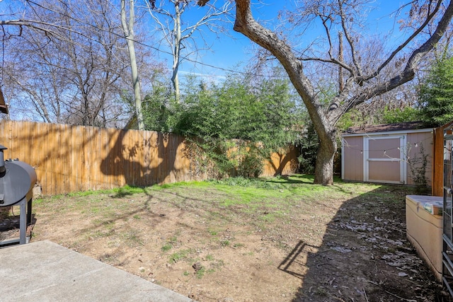 view of yard with a storage unit, an outdoor structure, and a fenced backyard