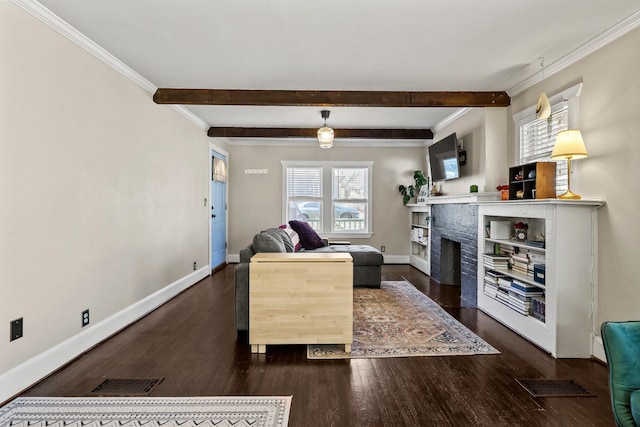 living room featuring baseboards, visible vents, and dark wood-type flooring