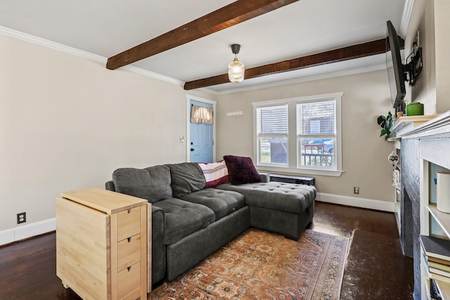 living area with dark wood-type flooring, beamed ceiling, a fireplace with flush hearth, and baseboards