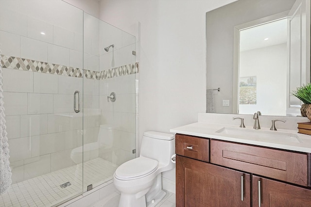 full bathroom with a stall shower, tile patterned flooring, vanity, and toilet