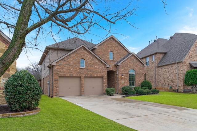 traditional-style house with driveway, brick siding, and a front yard