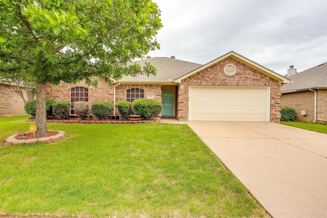 single story home featuring an attached garage, brick siding, driveway, roof with shingles, and a front lawn