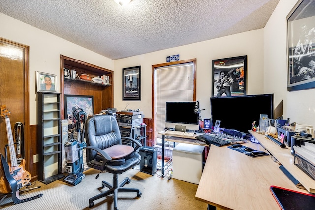 office space featuring carpet flooring and a textured ceiling