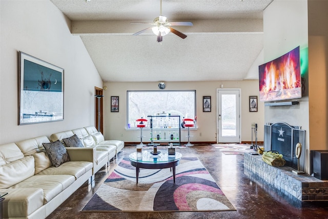 living room featuring a textured ceiling, beamed ceiling, a brick fireplace, and baseboards