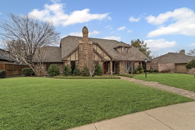 english style home featuring a shingled roof, fence, a chimney, and a front lawn