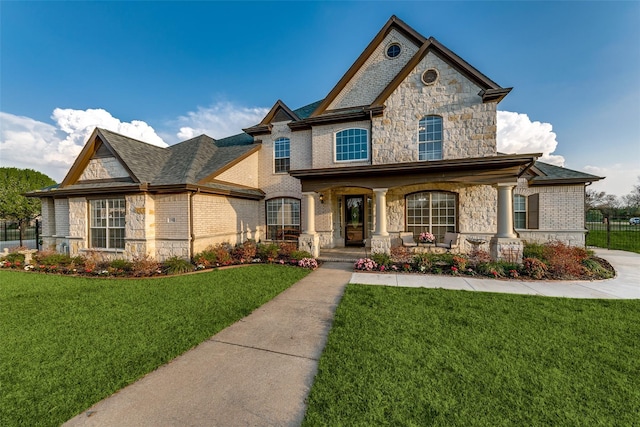 french provincial home featuring covered porch, a front yard, fence, and brick siding