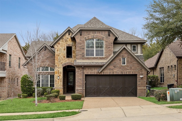 french country home with a garage, brick siding, a shingled roof, driveway, and a front lawn