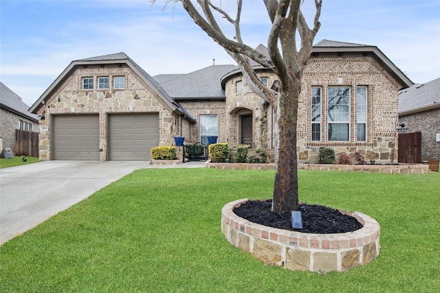 view of front of home with stone siding, a front yard, and driveway