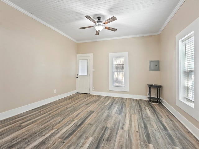 spare room featuring baseboards, dark wood-type flooring, electric panel, and crown molding