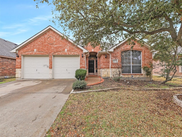 ranch-style home featuring driveway, a garage, and brick siding