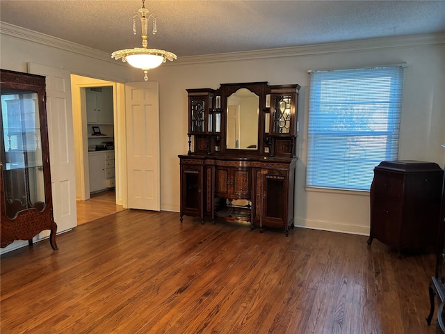 interior space featuring crown molding, a textured ceiling, baseboards, and wood finished floors