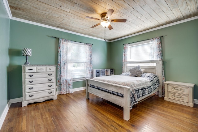 bedroom with wood ceiling, baseboards, ornamental molding, and wood finished floors