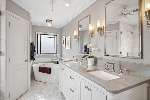 full bathroom featuring a ceiling fan, a soaking tub, crown molding, and a sink