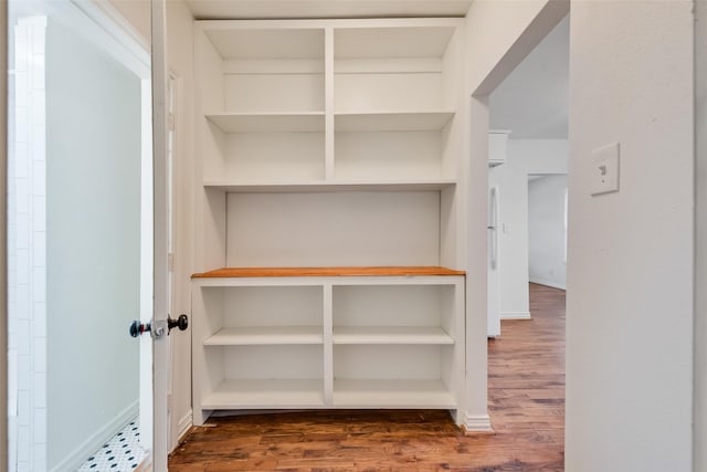 walk in closet with dark wood-style floors