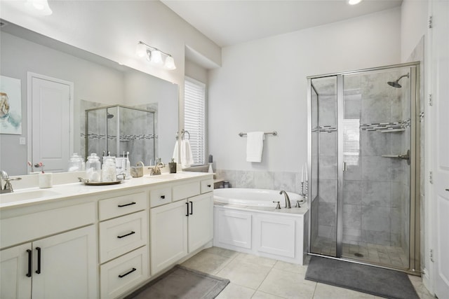 full bath featuring a stall shower, a garden tub, a sink, and double vanity