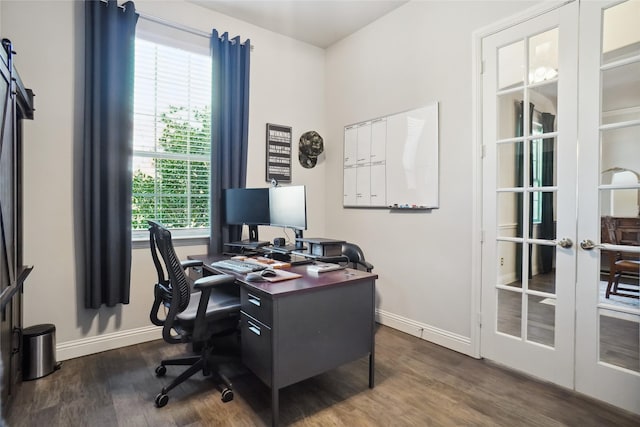 office with baseboards, dark wood-style flooring, and french doors