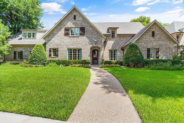 view of front of house featuring roof with shingles, a front lawn, and brick siding