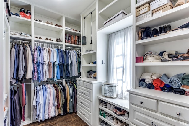 spacious closet with dark wood finished floors