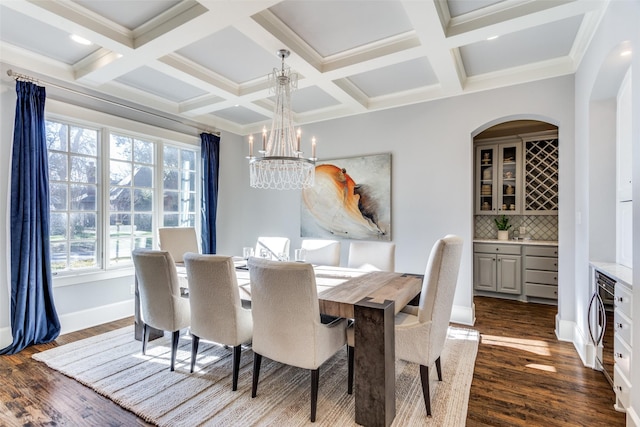 dining room featuring dark wood-style floors, coffered ceiling, beam ceiling, and a notable chandelier