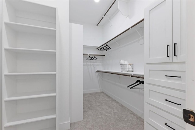 walk in closet with light colored carpet