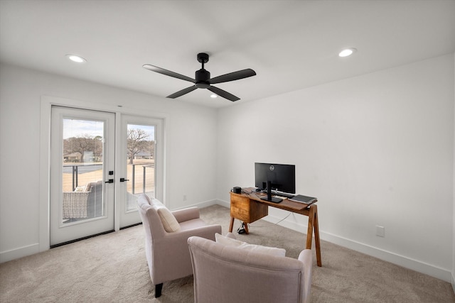 office area featuring recessed lighting, baseboards, a ceiling fan, and light colored carpet