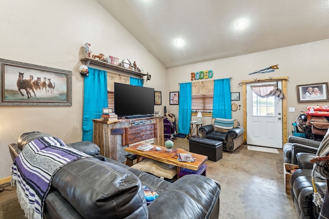 living room with lofted ceiling, concrete floors, and recessed lighting