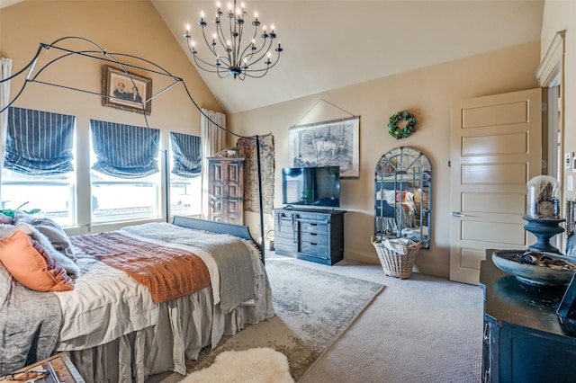 bedroom featuring high vaulted ceiling, a chandelier, and light colored carpet