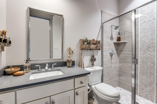 full bathroom with a shower stall, vanity, and toilet