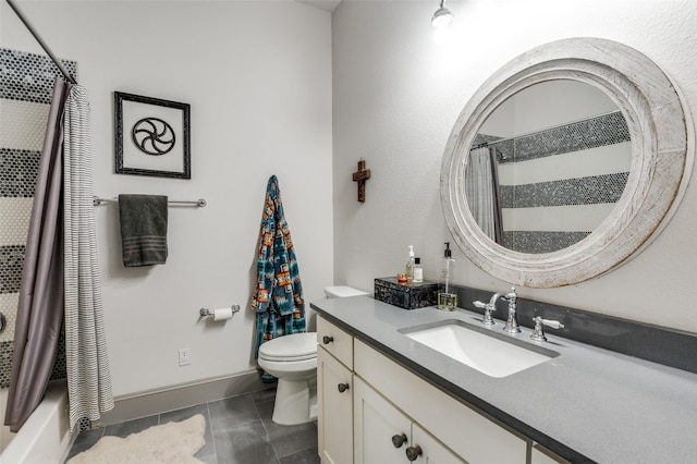 full bath featuring shower / bath combination with curtain, vanity, toilet, and tile patterned floors