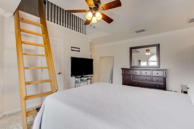 bedroom featuring baseboards, ceiling fan, visible vents, and crown molding