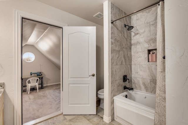 full bath with lofted ceiling, toilet, shower / bath combination, and visible vents