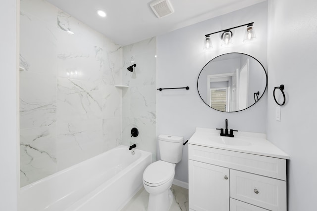 full bath featuring visible vents, toilet, marble finish floor, bathtub / shower combination, and vanity