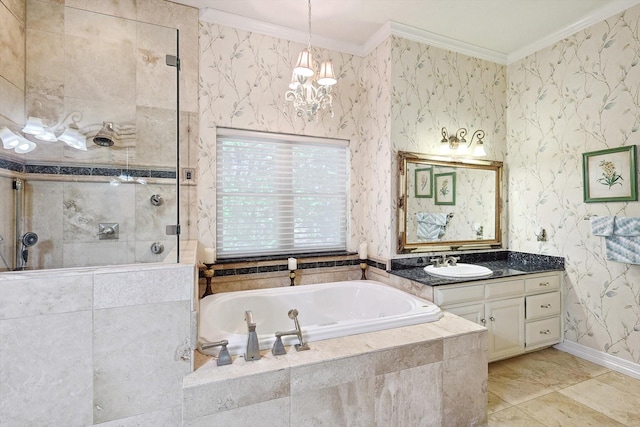 full bathroom featuring vanity, tiled shower, a bath, wallpapered walls, and crown molding