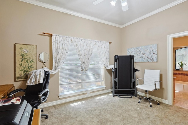 office area with baseboards, carpet, a ceiling fan, and crown molding