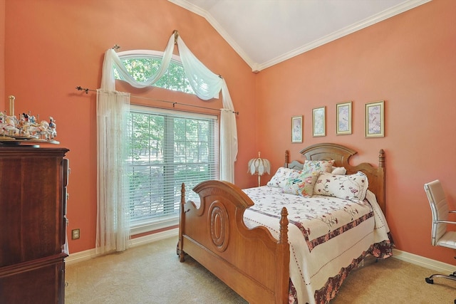 bedroom featuring ornamental molding, lofted ceiling, light carpet, and baseboards