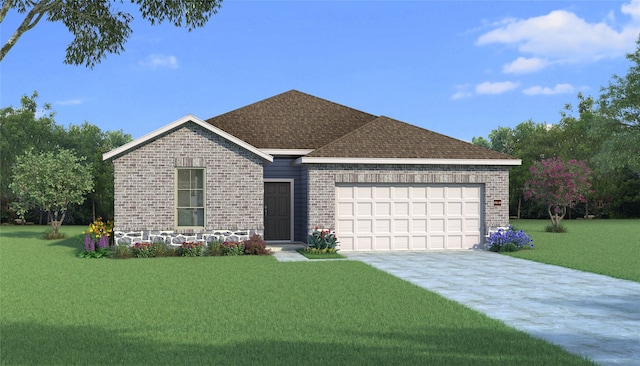 view of front of property with concrete driveway, brick siding, a front lawn, and an attached garage