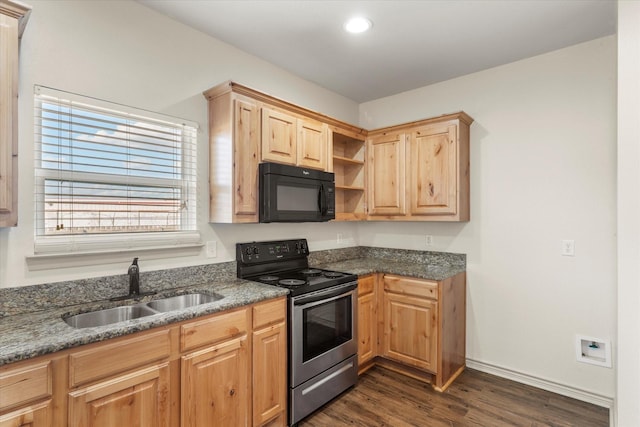 kitchen featuring electric range, dark wood-style floors, black microwave, open shelves, and a sink