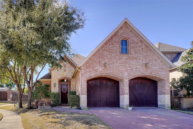 french provincial home with a garage, stone siding, brick siding, and concrete driveway