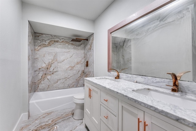 full bath with shower / bath combination, a sink, toilet, and double vanity